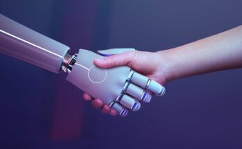 robot handshake human background futuristic digital age 1