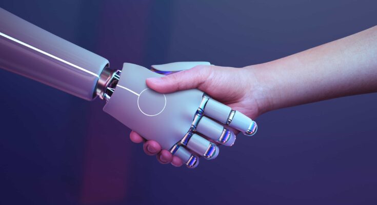 robot handshake human background futuristic digital age 1
