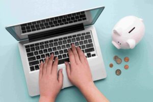 top view finance elements with white piggy bank 1